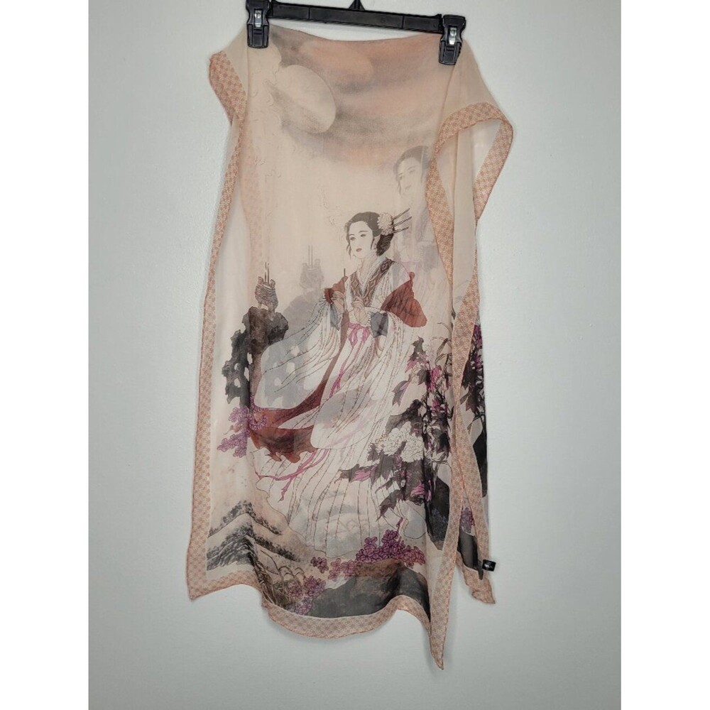 100% silk Asian woman flower print semi sheer scarf art to wear